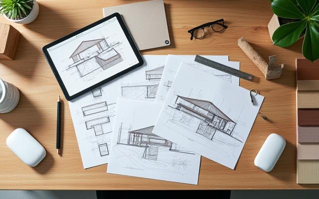 Designskisser og materialprøver spredt utover et tegnebord med arkitektverktøy.