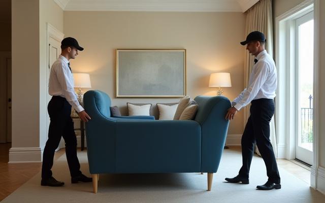 Ferdige, elegante møbler blir båret inn i et nylig innredet rom av profesjonelle. 