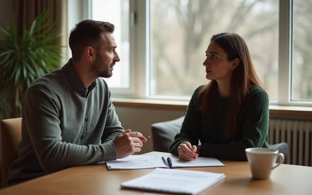 En designkonsulent som lytter aktivt til en kunde i en moderne stue med notisblokk.